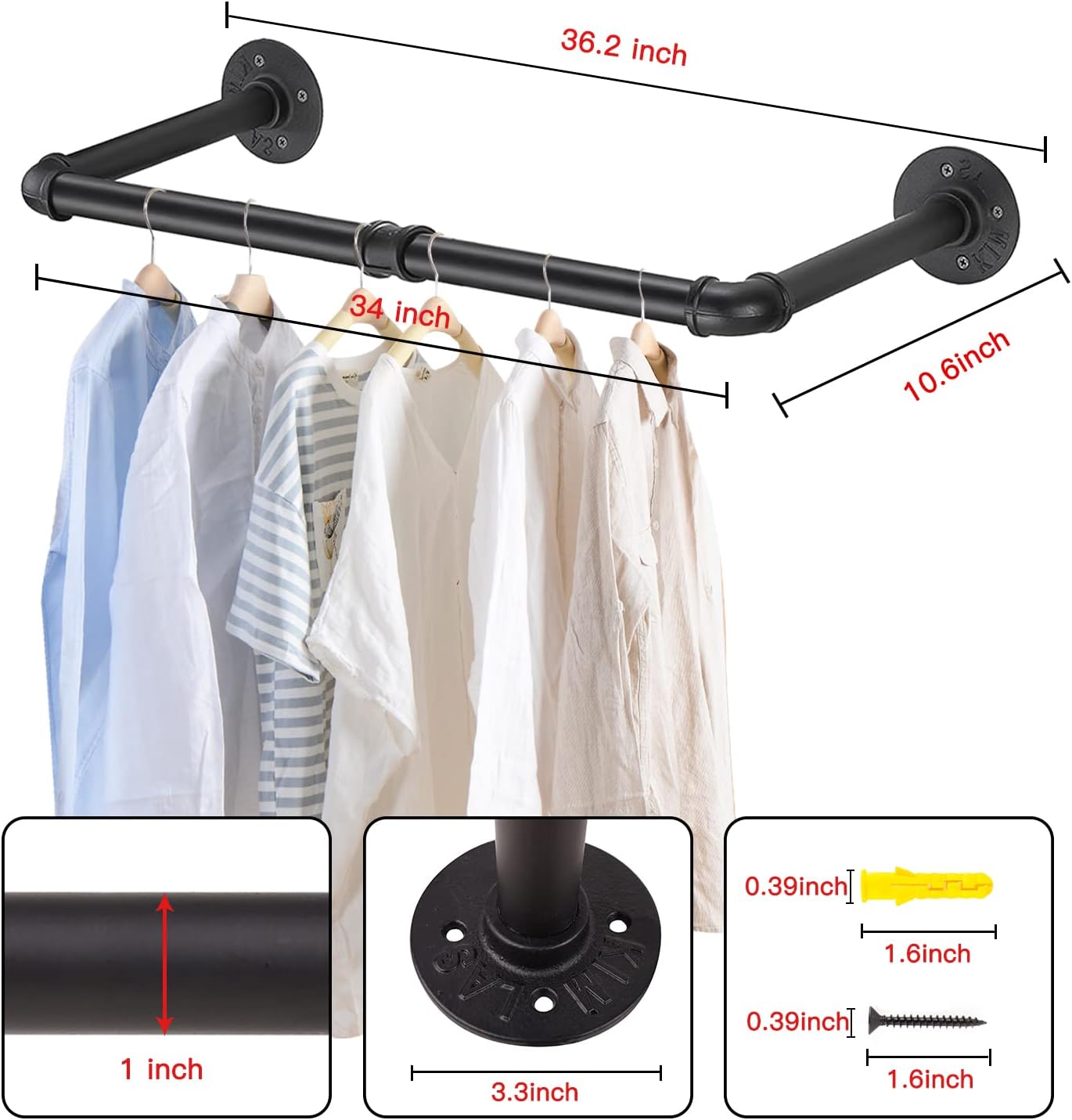 Gold Wall Mount Iaundry Drying Rack - 54" Pipe Garment Rack, Portable Heavy Duty Iron Closet Hanger Rod, Modern Metal Detachable DIY Hanging Bar for Laundry Room and Closet Storage