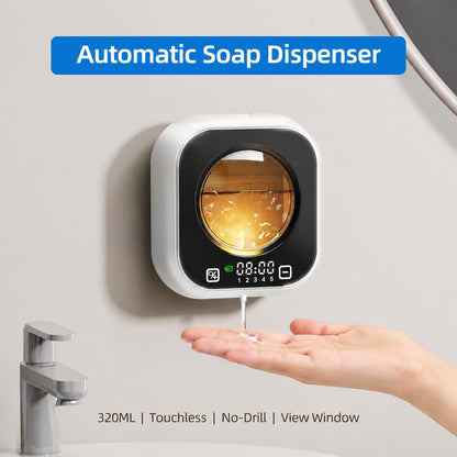 Automatic Foaming Soap Dispenser, Wall Mounted Soap Dispenser, 320ML Electric Smart Touchless Rechargeable, 5 Adjustable Foam Levels, No-Drill Waterproof for Bathroom, Kitchen, Office (Black)