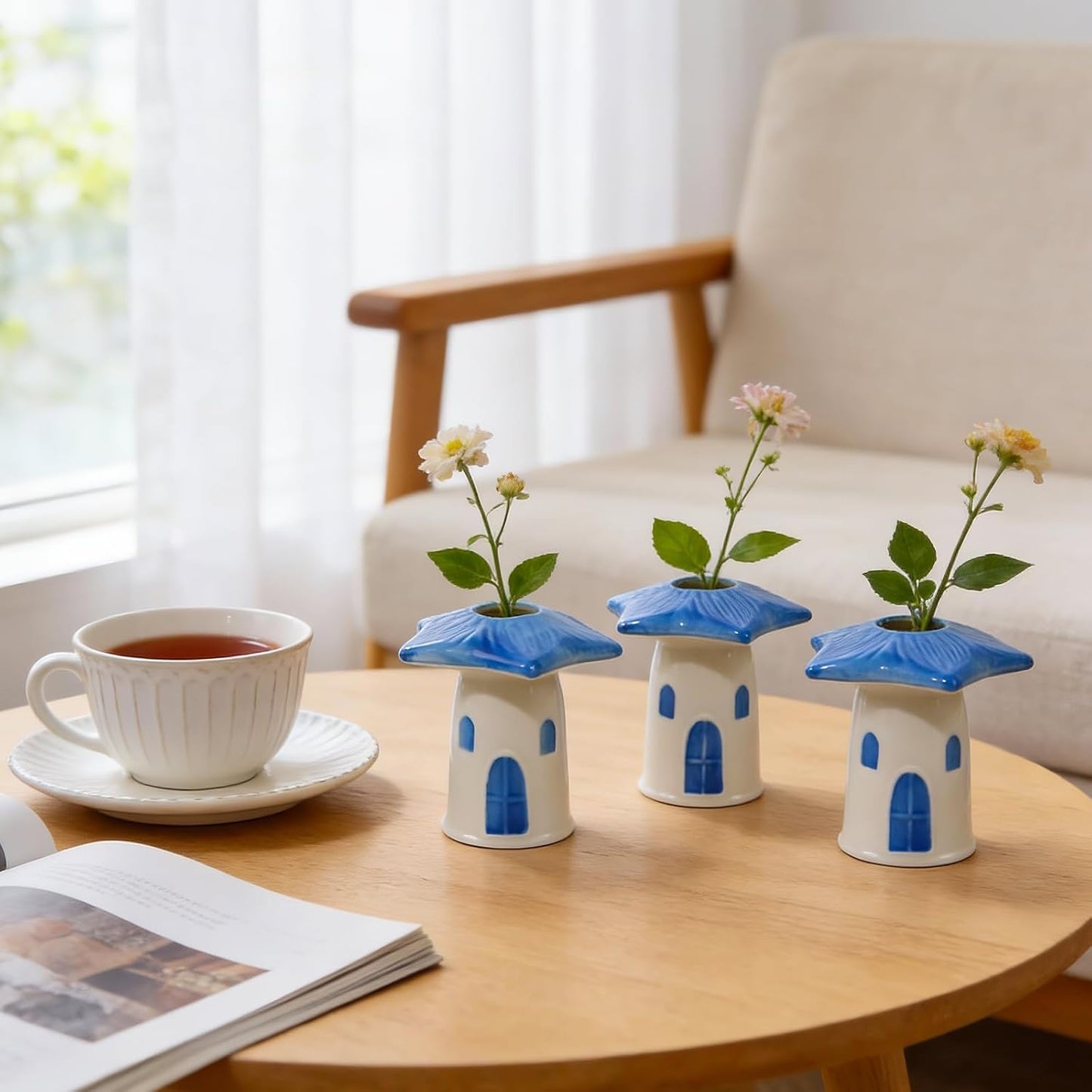 MOUGIGI Cute Blue House Ceramic Bud Vase Set of 3 - Handmade Miniature Vase with Star Roof for Dried Flowers, Chic Japandi Style Decor for Entryway, Dining,Coffee Table - Ideal Small Gift for Home