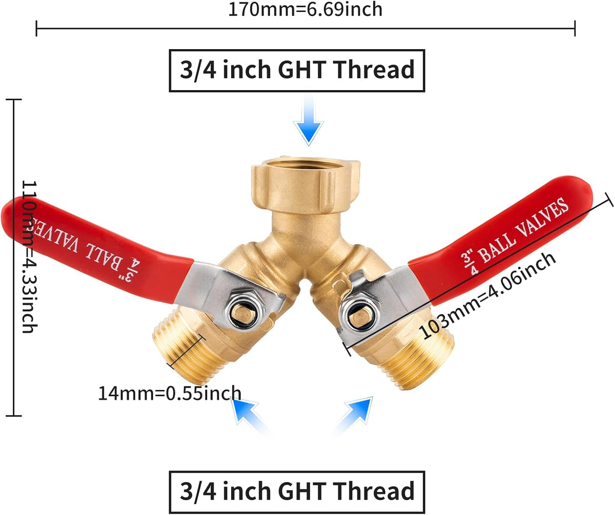 Garden Hose Splitter 2 Way Heavy Duty, Solid Brass Faucet Splitter with Shutoff, Outdoor Full Flow Y Valve Water Hose Splitter Adapter With Long Handle 3/4" GHT Thread