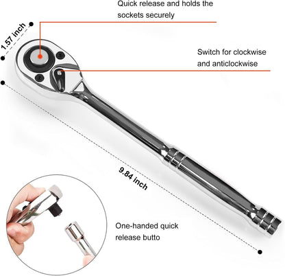Egofine 46 Pieces 1/4 inch Drive Socket Ratchet Wrench Set, with Bit Socket Set Metric and Extension Bar for Auto Repairing and Household, with Storage Case