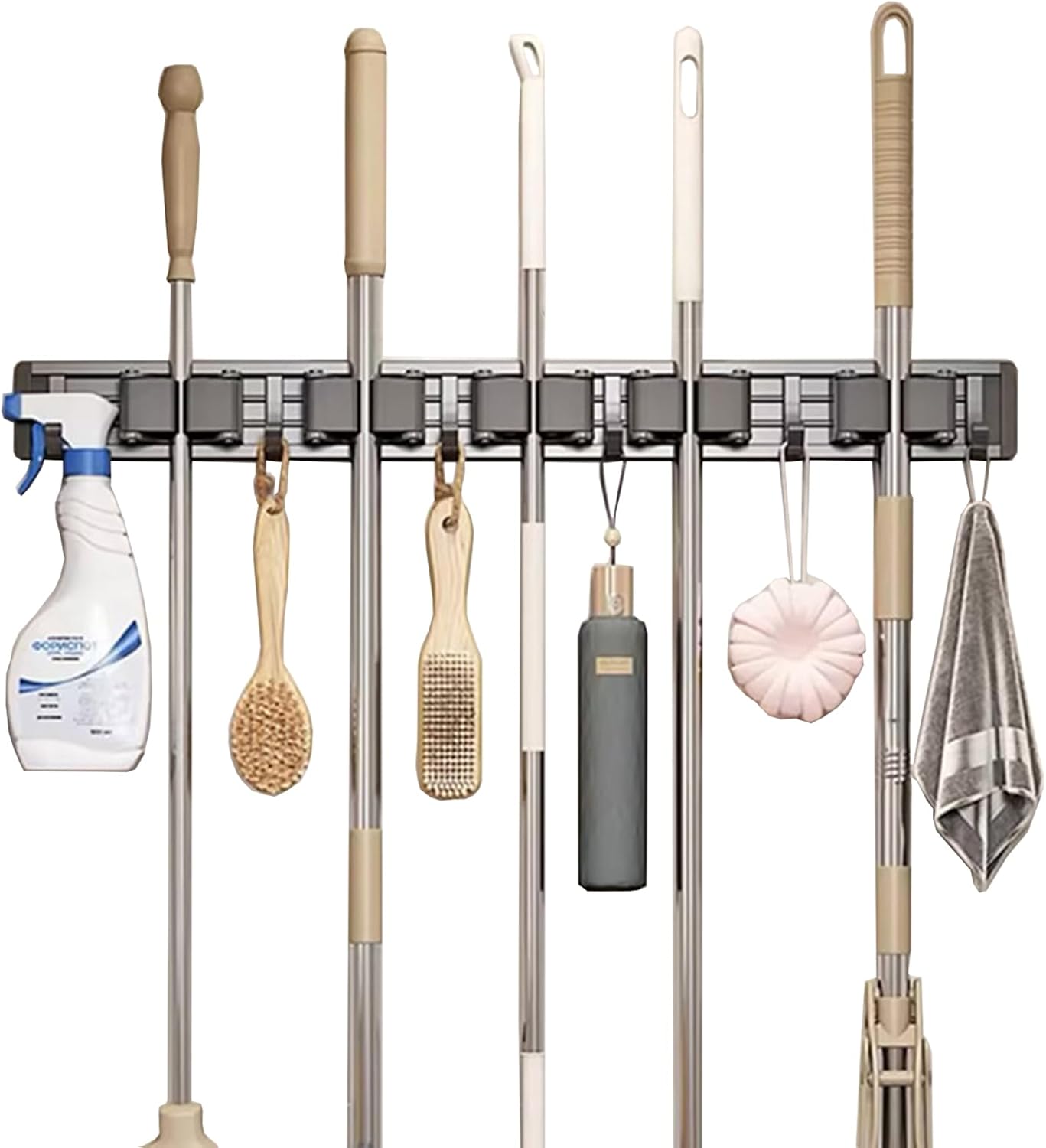 Broom Holder Wall Mount Movable Hooks and Clips Mop and Broom Hanger Wall Mounted Aluminum Garage Tool Organizer Storage Adhesive (Silver: 5 clips with 6 hooks)