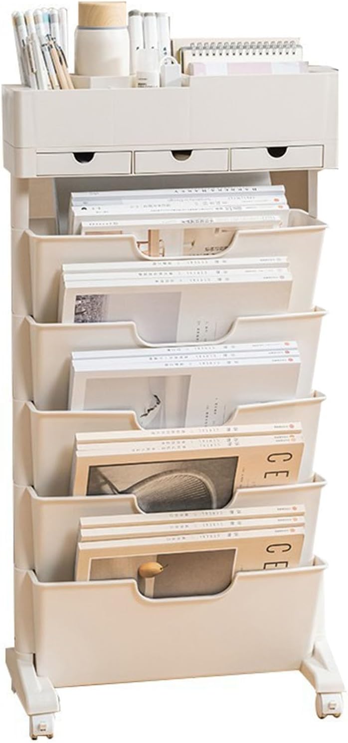 Rolling Bookshelf Cart with Wheels, 6 Tier Movable Bookshelf for Storage, Portable Bookshelf on Wheels for Kitchen Bathroom Office, Slim Book Cart, Off White