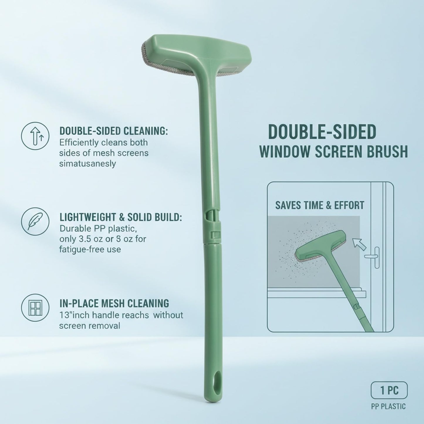 Window Screen Cleaning Brush, Double-Sided Mesh Tool with 13-Inch Handle for in-Place Maintenance, PP Plastic