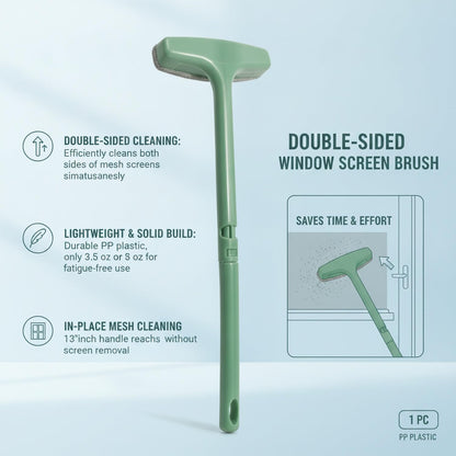 Window Screen Cleaning Brush, Double-Sided Mesh Tool with 13-Inch Handle for in-Place Maintenance, PP Plastic
