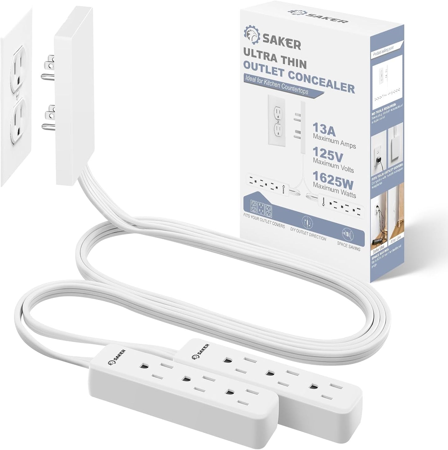 Saker Outlet Concealer Power Strip | 5ft Flat Plug Extension Cord with 3 Outlets,1625W | Universal Size Outlet Cover Baby Proofing | Cover Extension Cord for Kitchen, Home and Office