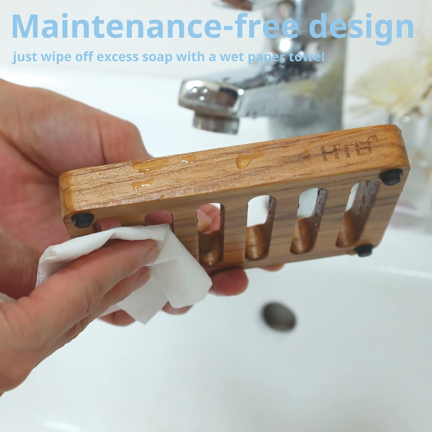 HTB Slotted Bar Soap Holder Teak Wood,Sponge Holder for Kitchen Sink | Self Draining Soap Dish for Shower, Bathroom, Bathtub, RV,Soap Saver Keep Soap Dry,Extend Soap Life,Bathroom Accessories