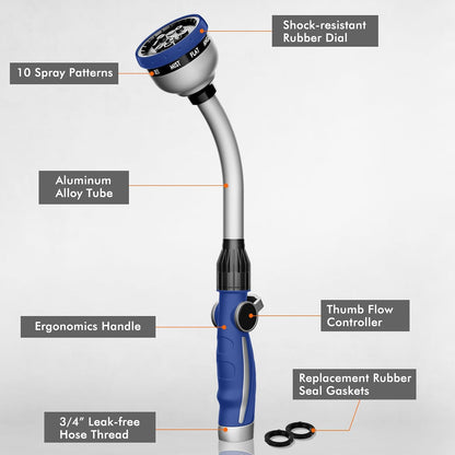 RESTMO Watering Wand Heavy Duty, Metal Garden Hose Wand with 10 Spray Patterns, 15-Inch Long Hose Nozzle Sprayer with Thumb Flow Control, Ideal to Water Hanging Baskets and Shrubs