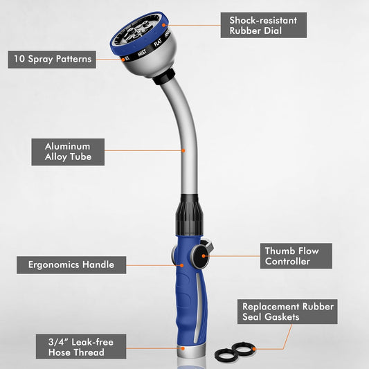 RESTMO Watering Wand Heavy Duty, Metal Garden Hose Wand with 10 Spray Patterns, 15-Inch Long Hose Nozzle Sprayer with Thumb Flow Control, Ideal to Water Hanging Baskets and Shrubs
