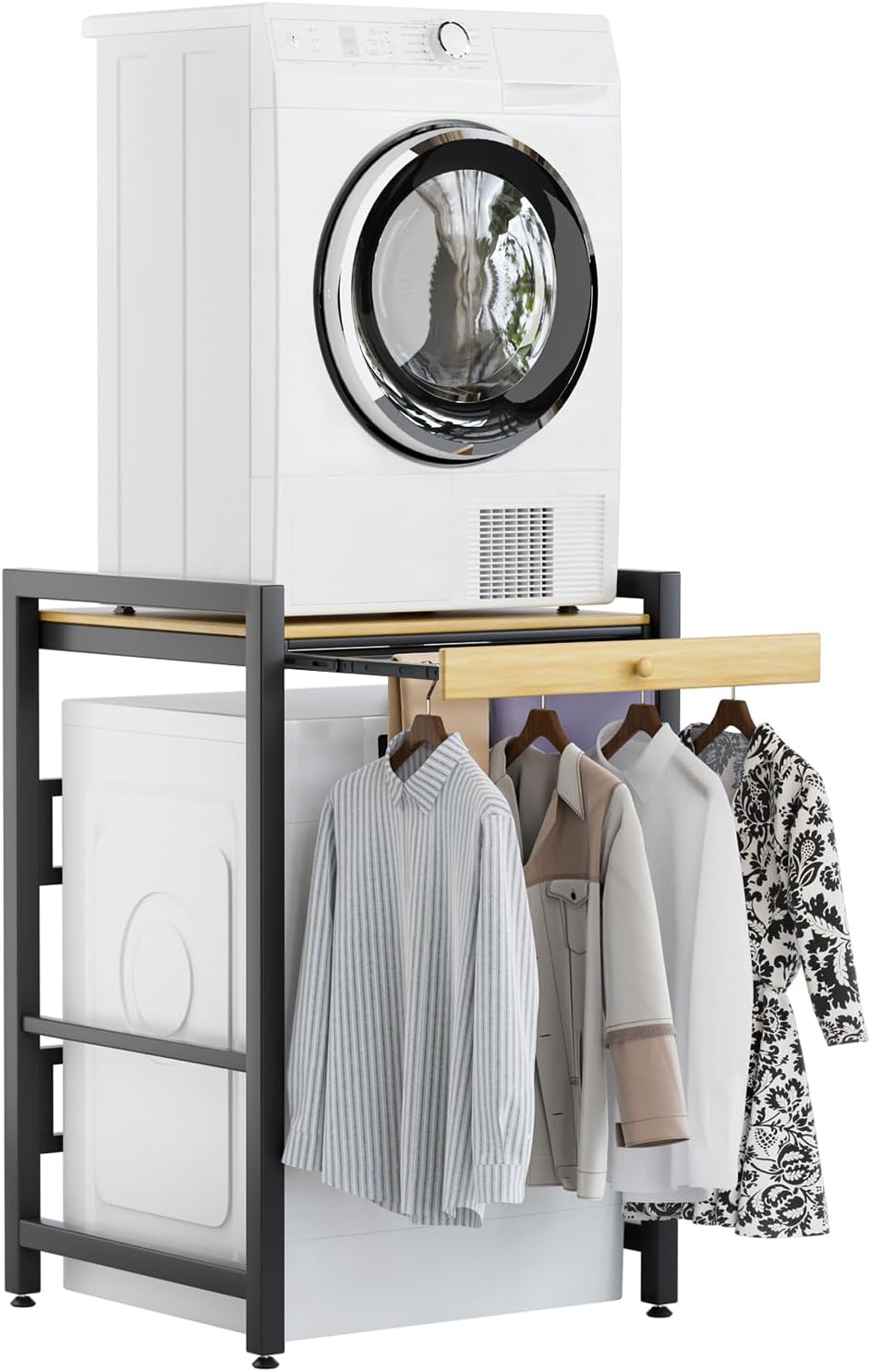 Tumble Washer Dryer Stacking Kit with Countertop - Height Adjustable Over Washer Dryer Shelves with Sliding Raill Hanger,Metal Frame Washing Machine Storage Rack for Home Bathroom Commercial (White)