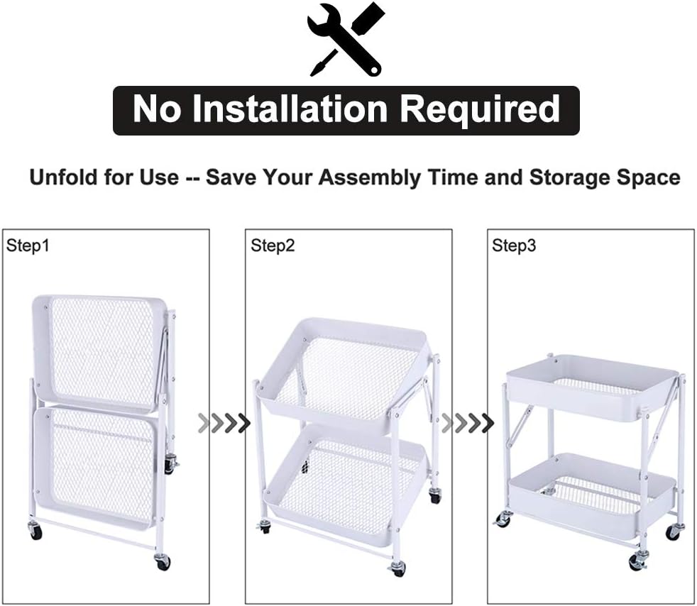 2-Tier Utility Rolling Cart Storage Sofa Side Table with Wheels, Mobile Trolley Organizer with for Office Home Kitchen Organization, Cream White