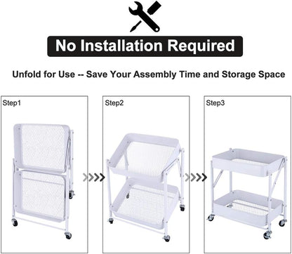 2-Tier Utility Rolling Cart Storage Sofa Side Table with Wheels, Mobile Trolley Organizer with for Office Home Kitchen Organization, Cream White