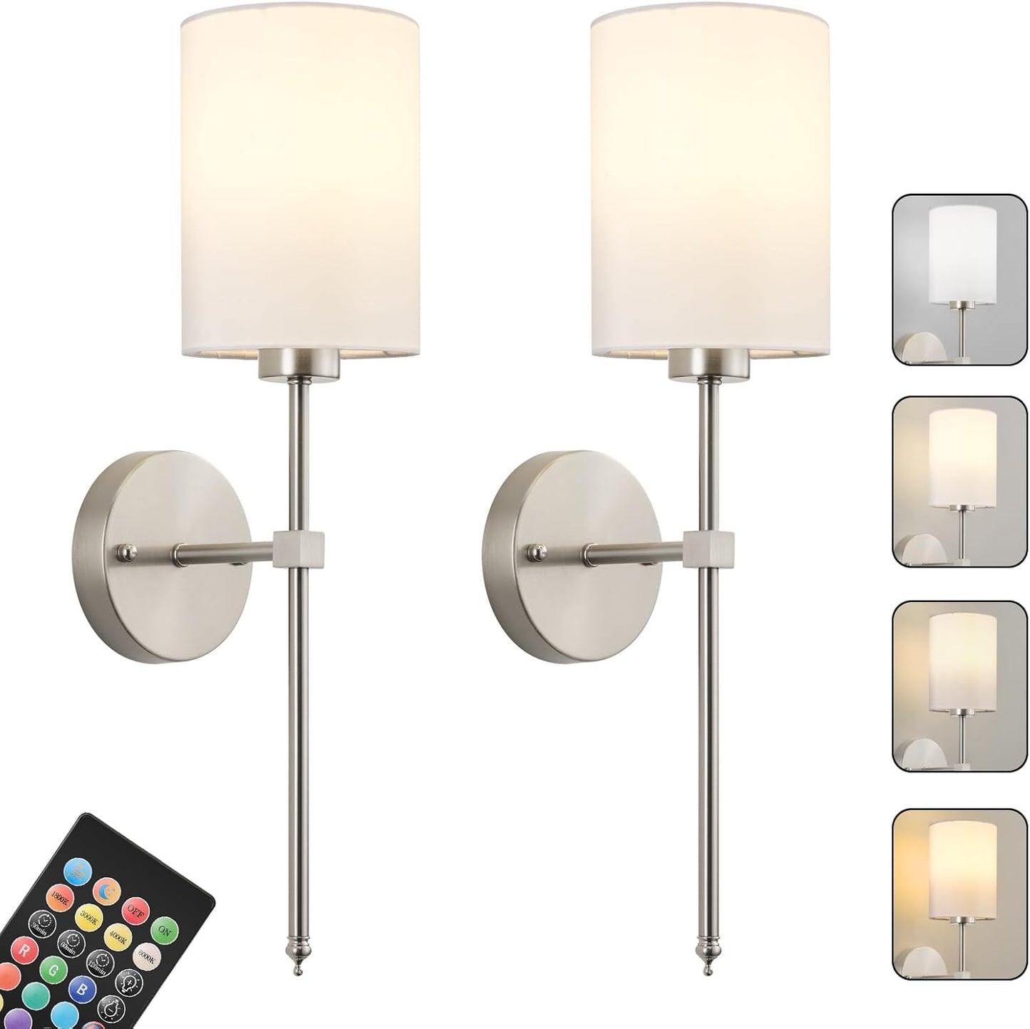 Battery Operated Wall Sconces Set of Two,Wireless Rechargeable Wall Light With Remote Control, Dimmable, Amber Light/Warm White/Natural White/Daylight/RGB, Timer,for Living Room,Bedroom,Entryway,Gold