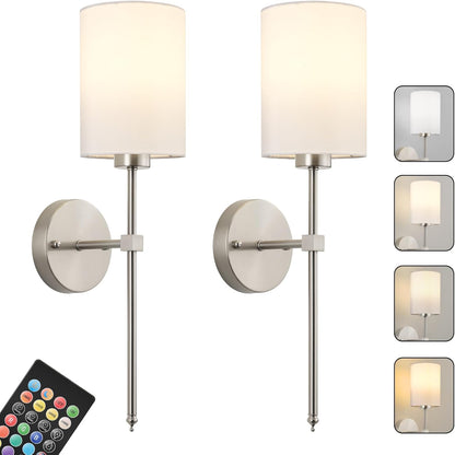 Battery Operated Wall Sconces Set of Two,Wireless Rechargeable Wall Light With Remote Control, Dimmable, Amber Light/Warm White/Natural White/Daylight/RGB, Timer,for Living Room,Bedroom,Entryway,Gold