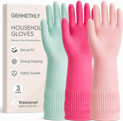 Rubber Dishwashing Gloves, 3 Pairs, Reusable Cleaning Dish Gloves for Kitchen, Non-Slip, Waterproof Dish Washing, Long Cuff for Woman (Red+Pink+Green, Large)