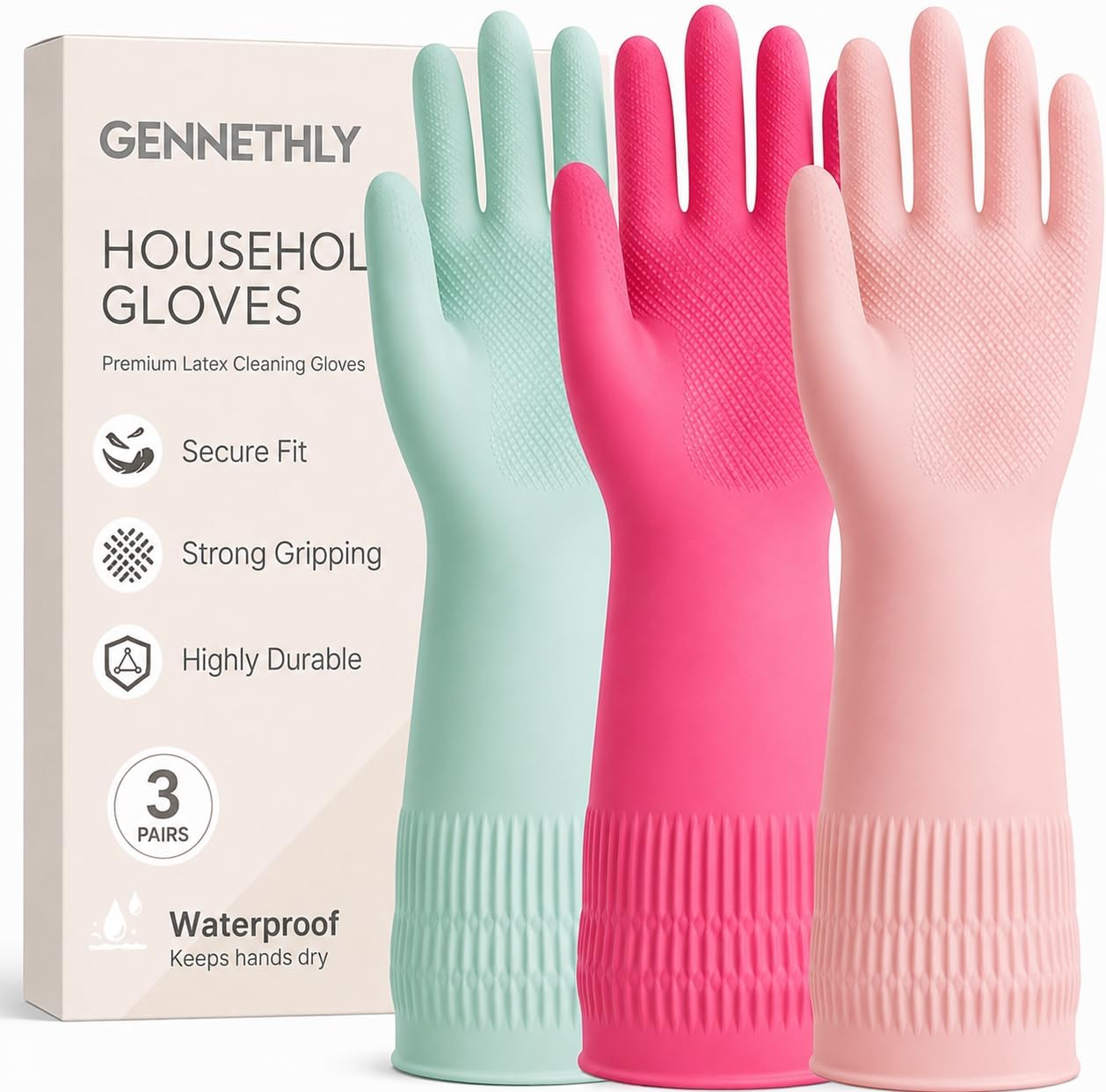 Rubber Dishwashing Gloves, 3 Pairs, Reusable Cleaning Dish Gloves for Kitchen, Non-Slip, Waterproof Dish Washing, Long Cuff for Woman (Red+Pink+Green, Medium)