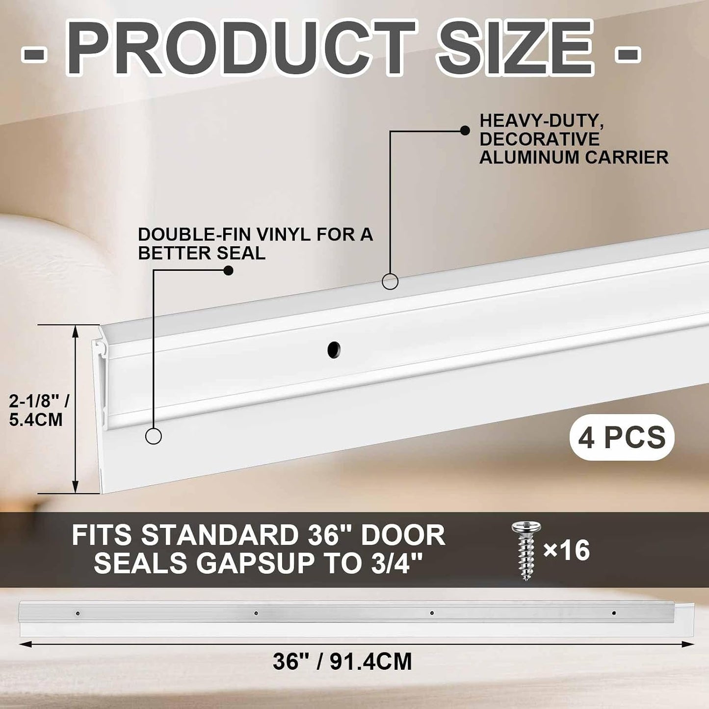 FoldTier 4 Pcs Slotted Door Sweep for Bottom of Door Exterior and Interior, 2-1/8 x 36 Inch, Aluminum Threshold Seal with Flexible Split Rubber, Weather Stripping Draft Dust Noise Stopper