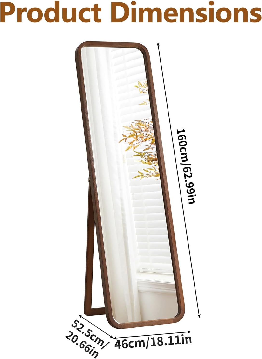 Anwick Full Length Floor Mirror Wood Frame Standing Mirror Walnut 63 in | Solid Wood Frame, Clear Float Glass, Adjustable Stand or Wall Mount, Rounded Walnut Finish for Bedroom or Dressing Room