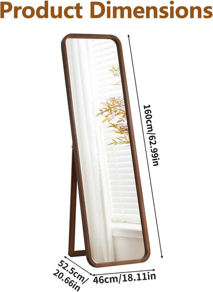 Anwick Full Length Floor Mirror Wood Frame Standing Mirror Walnut 63 in | Solid Wood Frame, Clear Float Glass, Adjustable Stand or Wall Mount, Rounded Walnut Finish for Bedroom or Dressing Room