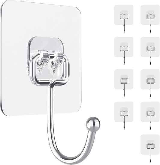 Adhesive Hooks, Hold 33lb(Max) Heavy Duty Sticky Hooks,Waterproof and Rustproof Wall Hooks for Hanging Can be Use Kitchen Bathroom Ceiling Office Window Home Improvement (Transparent 10PCS)