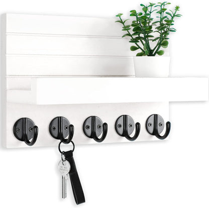 Lwenki Key Holder for Wall, Decorative Key and Mail Holder with Shelf Has Large Key Hooks for Bags, Coats – Paulownia Wood Key Hanger with Mounting Hardware (9.8”W x 6.7”H x 4.2”D) (Brown)