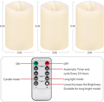 3x4 Flickering Flameless Candles Set of 3,Real Wax Pillar LED Candles,with Timer,4 inch Flameless Candles with Remote,for Party Wedding Holiday Home Decor,Ivory