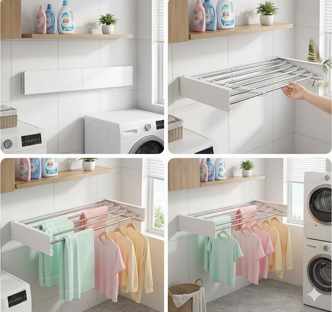Wall Mounted Clothes Drying Rack Foldable 31.5" Laundry Room Space Saving | Heavy Duty 60 lb Load Drying Rack for Towels, t-Shirt, Jacket & DelicateClothes for Apartment, Bathroom, Laundry Room & RV