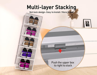 Kuject X-Large Shoe Storage Boxes Organizers for Closet 12 Pack, Fit Size 11,Clear Plastic Stackable Sneaker Containers for Entryway, Space Saving Shoe Rack, Brown