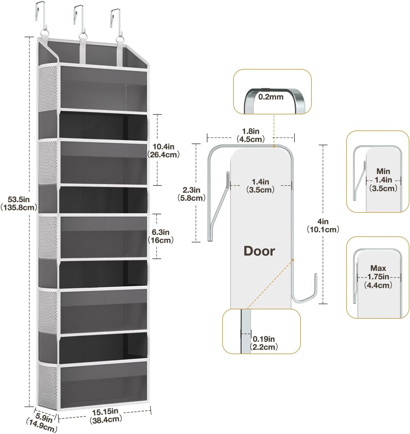 Over the Door Organizer with 5 Front & 10 MeshSide Pockets, 50LB Capacity Extra Large Nursery & Bathroom Hanging Storage Organizer Multi-Room Space-Saving Designwith 3 Hook for Kitchen, Pantry,Grey