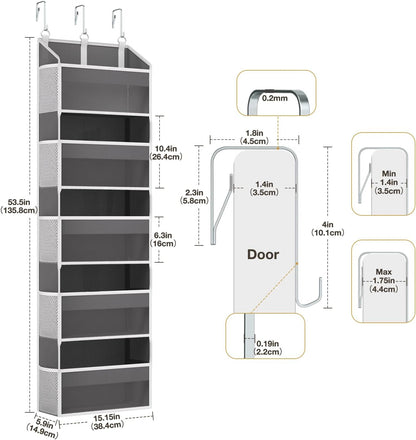 Over the Door Organizer with 5 Front & 10 MeshSide Pockets, 50LB Capacity Extra Large Nursery & Bathroom Hanging Storage Organizer Multi-Room Space-Saving Designwith 3 Hook for Kitchen, Pantry,Grey
