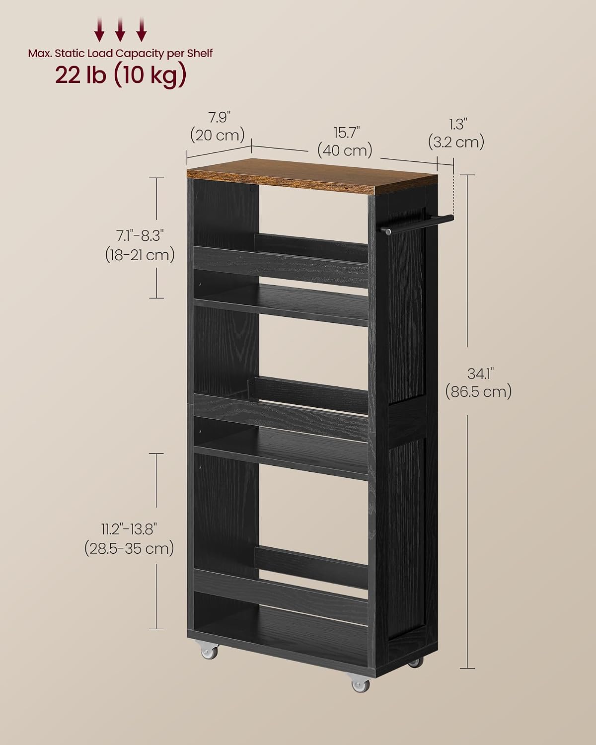 VASAGLE 4-Tier Slide-Out Storage Cart, Slim Kitchen Cart for Small Spaces, with Wheels, Handle, Bathroom, Laundry Room, 5.9 x 17 x 34.1 Inches, Rustic White and Honey Brown ULRC050K01