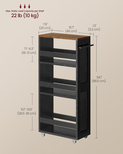 VASAGLE 4-Tier Slide-Out Storage Cart, Slim Kitchen Cart for Small Spaces, with Wheels, Handle, Bathroom, Laundry Room, 5.9 x 17 x 34.1 Inches, Rustic White and Honey Brown ULRC050K01