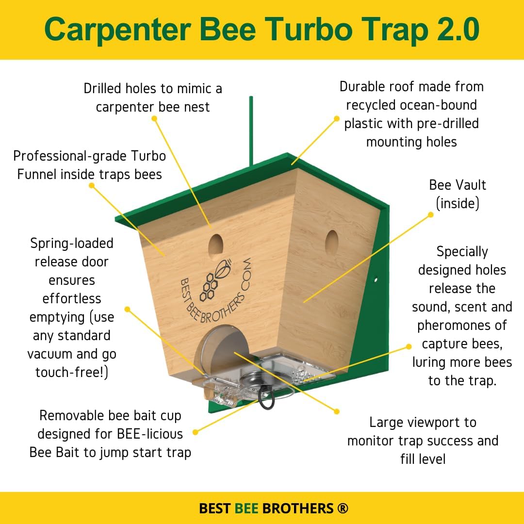 Best Bee Brothers Turbo Trap 2.0, Professional-Grade Carpenter Bee Trap for Outside with Bee Vault, Large Viewport & Spring-Loaded Door, 4.1” W x 4.8” H x 5.9” D
