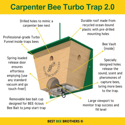 Best Bee Brothers Turbo Trap 2.0, Professional-Grade Carpenter Bee Trap for Outside with Bee Vault, Large Viewport & Spring-Loaded Door, 4.1” W x 4.8” H x 5.9” D