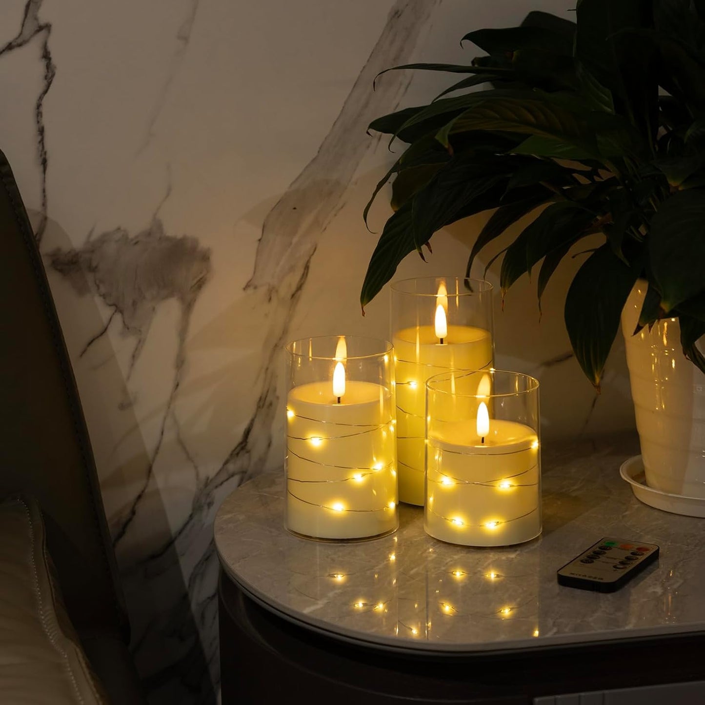 Blue Flameless Candles with Remote, Real Wax Glass Battery Operated Candles with Timer, LED Pillar Candle for Bedroom Home Wedding Birthday Party Fall Halloween Christmas Decorations, Set of 3
