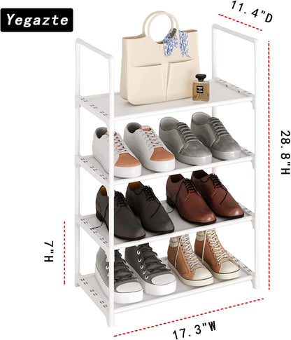 Upgrade Stackable Small Shoe Rack, 4-Tier Shoe Shelf Storage Organizer with Handle for Entryway, Hallway and Closet (Black)