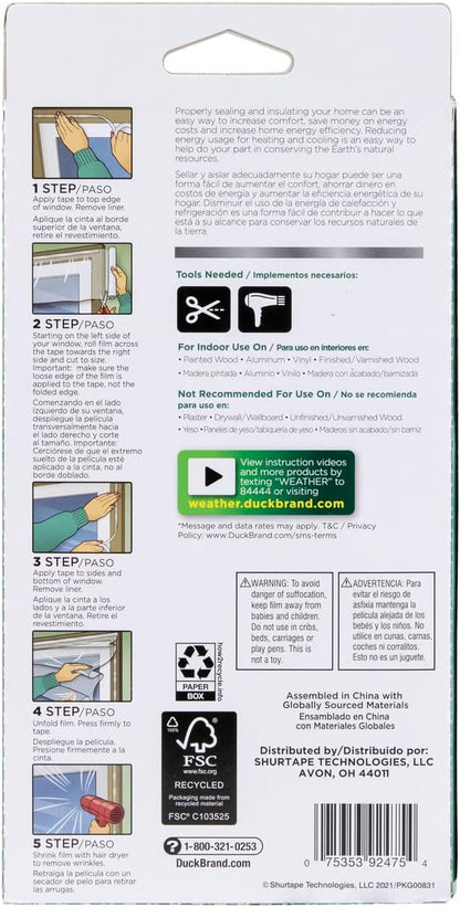 Duck Brand Winter Window Insulation Kit – Window Seal Rolled Shrink Film Covers Up to 15 3’ x 5’ Windows – Window Tape Included – Easy Indoor Installation - Clear - 15-Pack (288069)