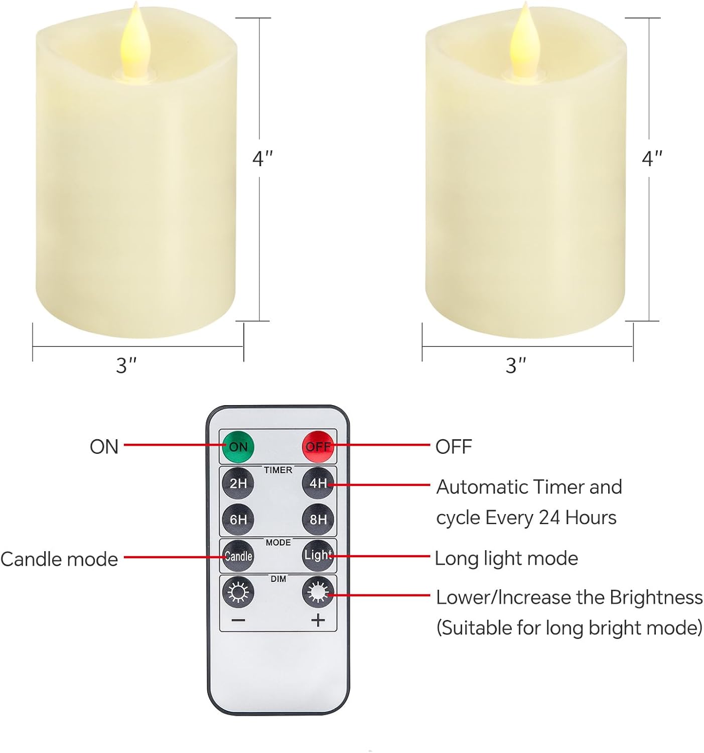 3x3 Flameless Candles with Remote Set of 2, 3 inch Battery Candles Flickering with Timer, LED Pillar Candle for Indoor/Outdoor, White