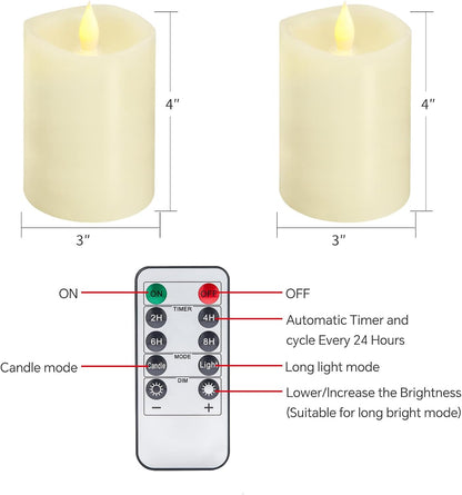 3x3 Flameless Candles with Remote Set of 2, 3 inch Battery Candles Flickering with Timer, LED Pillar Candle for Indoor/Outdoor, White