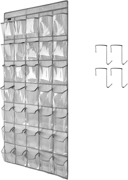1 Pack 35 Clear Crystal Pockets Large Hanging Shoe Organizer Over The Door Shoe Rack for Closet Door Storage Shoe Holder Hanger, 4Hooks, white (67.7'' x 26.4'')