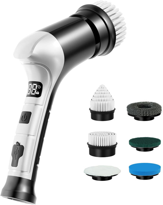 Electric Spin Scrubber, Cordless Power Dish Scrubber Brush, Type-C Fast Charging with LED Power Display, 3 Speeds, 6 Replaceable Heads for Cleaning Kitchen Stove/Bowl/Sink/Corner/Tile/Grout (Grey)