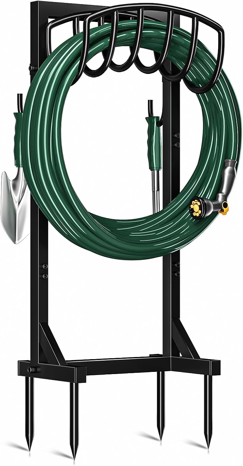 Kesfitt Garden Hose Holder Stand with Tool Storage Basket & 4 Spikes, Detachable Heavy Duty Metal Freestanding Outdoor Organizer for Lawn Yard Water Storage Rack