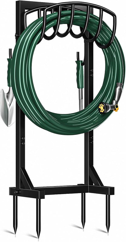 Kesfitt Garden Hose Holder Stand with Tool Storage Basket & 4 Spikes, Detachable Heavy Duty Metal Freestanding Outdoor Organizer for Lawn Yard Water Storage Rack