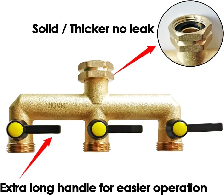HQMPC Hose Splitter Garden Hose 3 Way Valve Brass Hose Splitter with Solid Long Handle Hose Spigot Splitter 3 Way Valve 3/4" GHT Thread