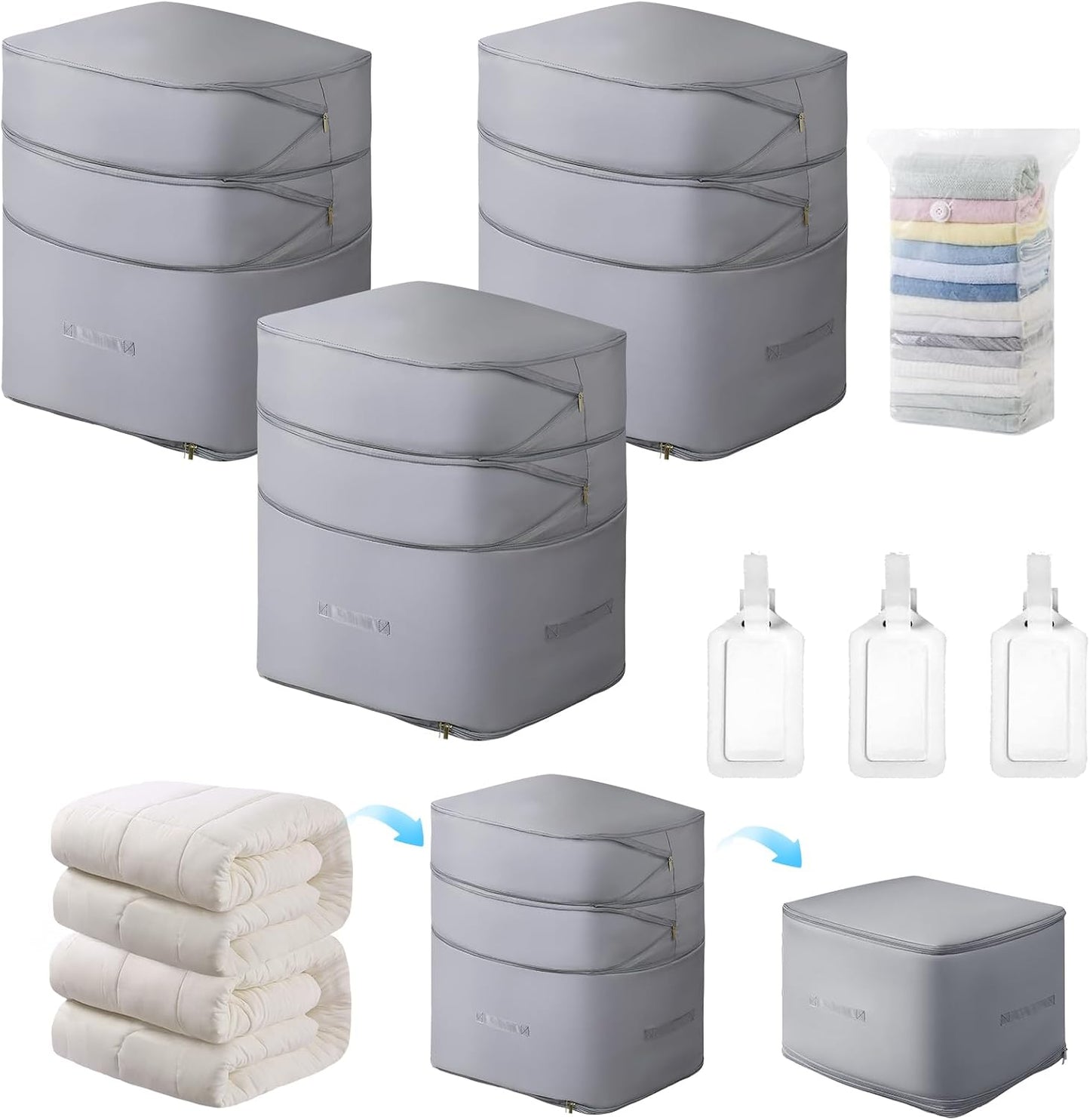 Comforter Storage Bag-Ultra Space Saving Large Self Compression Organizer for Comforters and Blanket,3-Layer Zipper Self-Compressing Organizer for Storage Bedding. (Gray, 2 Pack)