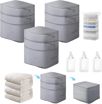 Comforter Storage Bag-Ultra Space Saving Large Self Compression Organizer for Comforters and Blanket,3-Layer Zipper Self-Compressing Organizer for Storage Bedding. (Gray, 2 Pack)