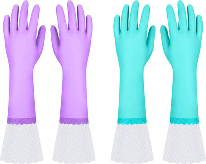 Elgood Reusable Long Sleeve Dishwashing Cleaning Gloves with Latex Free,Cotton Lining,Kitchen Gloves 2 Pairs,Purple+Blue M