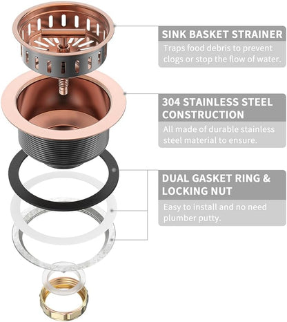 KONE 3-1/2 Inch Kitchen Sink Drain Strainer Assembly Made by All Stainless Steel with Strainer Basket/Drain Stopper, Replacement for Standard Commercial Drains