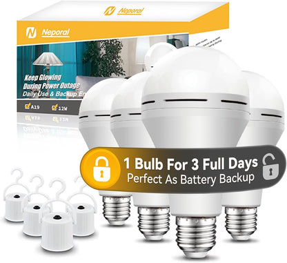 Neporal 4 Pack Emergency-Rechargeable-Light-Bulb, Stay Lights Up When Power Failure, 1500mAh 15W 80W Equivalent LED Light Bulbs for Home, Camping, Tent (E27, with Hook) (Daylight)