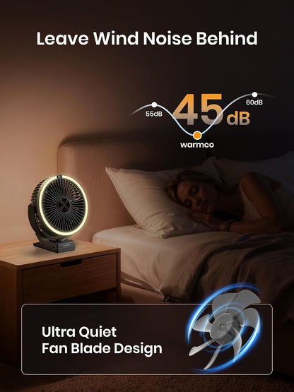Warmco 15000mAh Clip on Fan with LED Light for Camping and Golf Car | 12-30H Runtime, 300H+ Light, USB-C Two-Way Charging, 3-Level LED Light, Clip Hook Desk Use, 4 Speeds